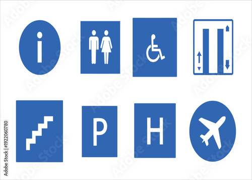 Comprehensive collection of essential blue and white informational public signs, featuring universal symbols for navigation, accessibility, travel, and various amenities in modern urban environments
