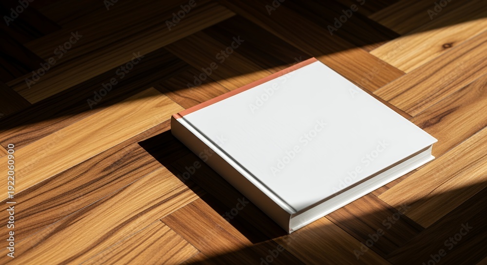 Fototapeta premium A blank white book on a wooden floor with sunlight casting shadows.