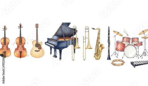 🏷 SEO Title
Colorful Watercolor Musical Instruments Vector Set in Horizontal Layout on White Background