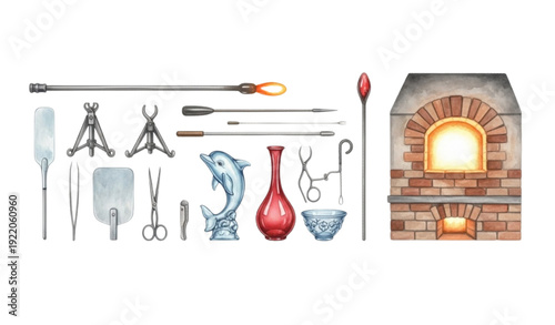 SEO Title
Watercolor Glass Blowing Tools and Decorative Glass Art Set with Kiln Isolated on White