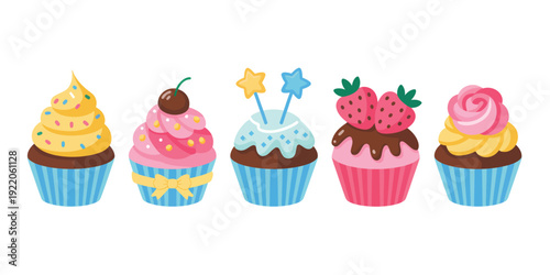 A row of colorful cartoon cupcakes with decorations on a white background