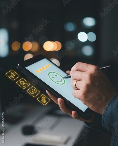 Customer satisfaction rating and online feedback concept with mobile interface for digital service evaluation and business experience analytics
