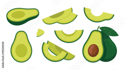 A minimalist vector illustration of various avocado slices and a whole fruit with a leaf, depicted in a flat style