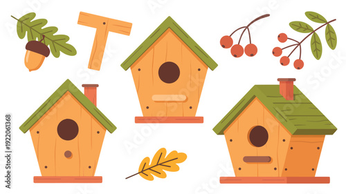 Illustration of three birdhouses with green roofs and autumn leaves surrounding them, viewed from directly above.