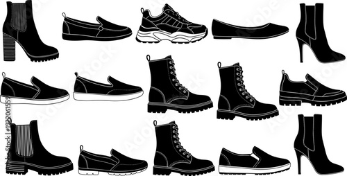 Fashion footwear silhouette vector illustration set, women and men shoes assortment, boots sneakers heels collection, stylish black apparel accessories, icons isolated design