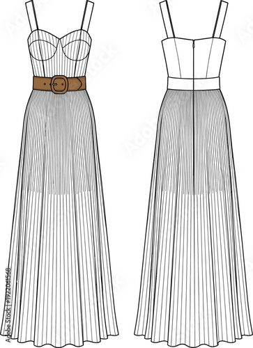 Fashion illustration, technical sketch, long dress design, sleeveless gown, structured bodice, pleated skirt, front back view, garment construction, vector art