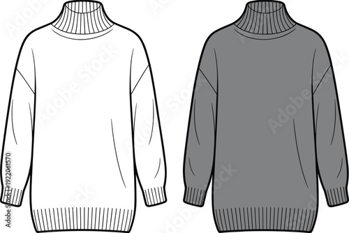Fashion turtleneck sweater vector illustration, cozy winter pullover design, front and back view, long sleeve knitwear, minimal line art clothing template