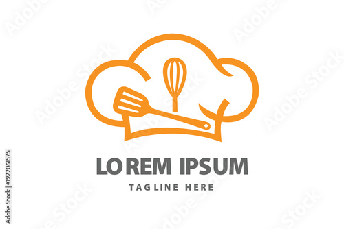 Minimalist orange chef hat with kitchen whisk icon