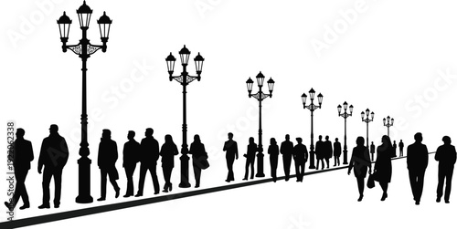 City promenade crowd silhouette illustration, urban people walking along street with vintage lamp posts black vector isolated on white background