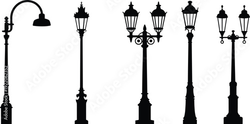 Classic and modern street lamp silhouettes collection, ornamental lantern posts isolated on white background, urban outdoor lighting vector illustration set