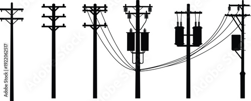Electric utility pole silhouettes collection, power lines and transformers black vector illustration isolated on white background for electrical distribution infrastructure