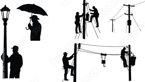 Electric utility worker silhouettes set, technicians repairing power lines and street lamps isolated on white background industrial service vector illustration