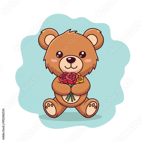 Cute Cartoon Teddy Bear Holding Flowers.