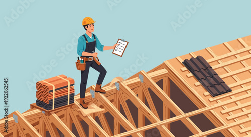 Construction worker on a roof inspecting building progress with a checklist clipboard