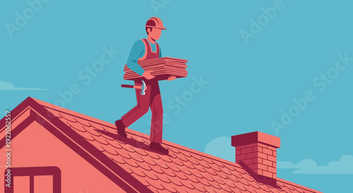 Construction worker carrying roof tiles on a residential house, preparing for repair work