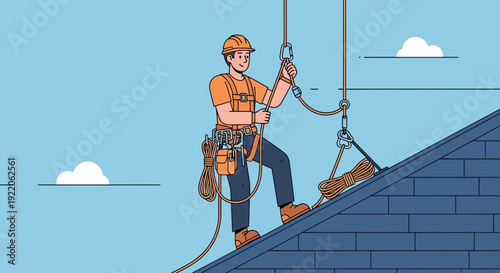 Construction worker in safety harness securing ropes on a rooftop, representing industrial safety and teamwork