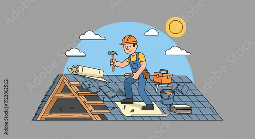 Skilled roofer expertly installing shingles on a house roof with tools and materials