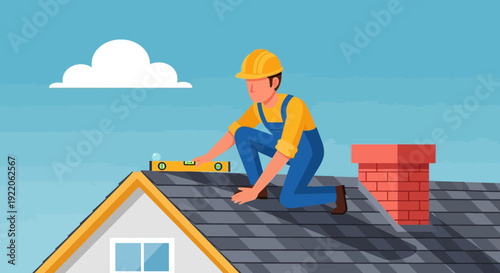 Construction worker measuring roof pitch with a level tool on a house rooftop during the day