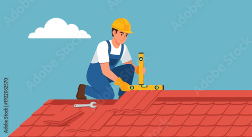 A skilled roofer wearing a hardhat and overalls checks a level tool on a red tiled roof