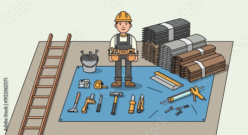 Construction Worker With Tools and Materials On a Blue Mat
