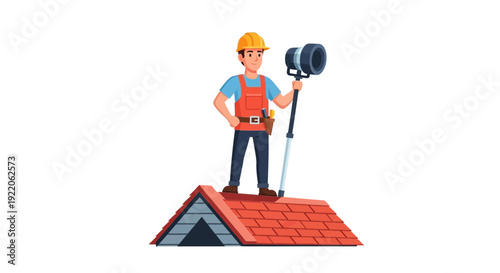 Construction worker with surveying equipment stands on a tiled roof, ready for inspection.