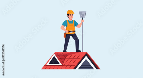Skilled roofer in safety helmet standing on a red tiled roof holding a tool