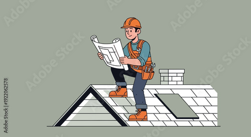 Construction worker on a roof reviewing blueprints