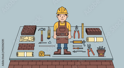 Skilled roofer standing with essential tools and materials for roof construction and repair