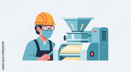 Industrial Worker in Protective Gear Operating Food Processing Machinery