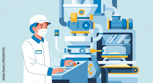 Food production worker in a clean factory operating advanced machinery with focus on hygiene and efficiency
