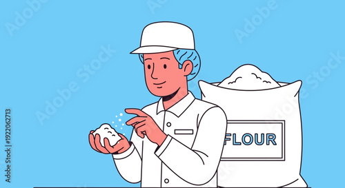 A baker inspecting flour from a large sack in a bakery setting, emphasizing quality ingredient preparation.