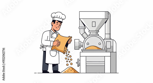 Baker pouring grain into a milling machine for flour production