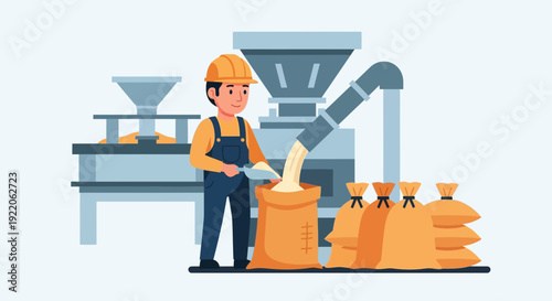Factory worker carefully scoops flour into large sacks at an industrial production facility.
