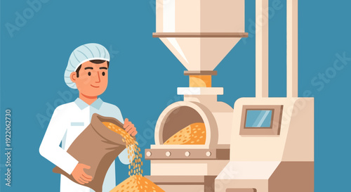 Baker pouring grain into processing machine at bakery production facility