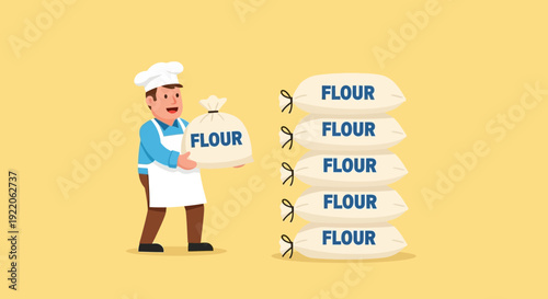 Smiling baker holding a sack of flour next to a tall stack of flour bags