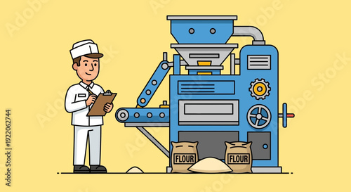 Baker inspecting a flour production line with machinery and bags of flour