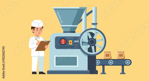 Food production line with a worker inspecting machinery