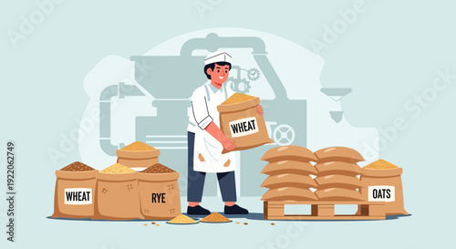Farmer holding a bag of wheat in a grain processing facility with sacks of rye and stacked grain