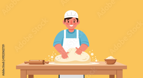 A cheerful baker in a white apron and hat is actively kneading a large ball of dough on a wooden table in a bright kitchen setting, representing the art of baking.