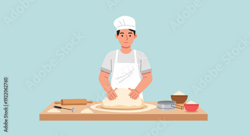 Young baker in apron and hat skillfully kneading dough on a wooden table with baking ingredients