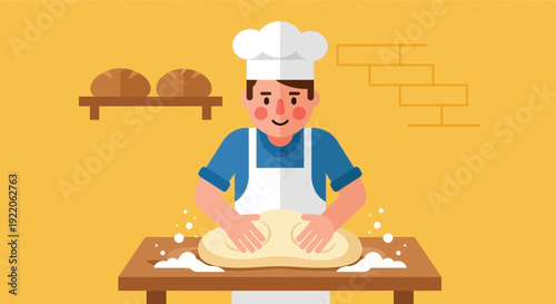 Skilled baker in chef hat and apron expertly kneading dough on a wooden table, preparing fresh bread