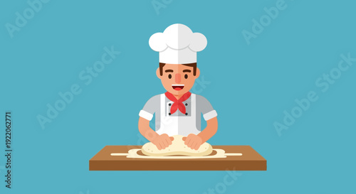 Joyful chef preparing dough with hands on wooden board