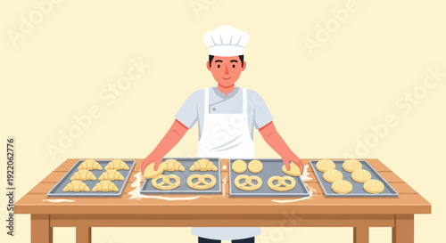 Skilled Baker Arranging Freshly Baked Pastries on Trays in a Bright Bakery