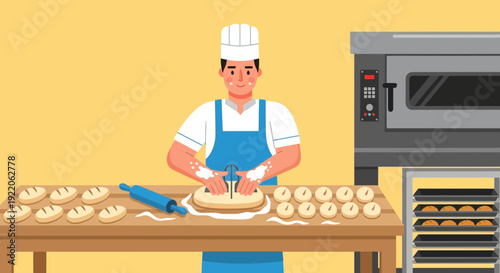 A skilled baker wearing a chef's hat and apron, crafting dough on a wooden table next to a modern industrial oven
