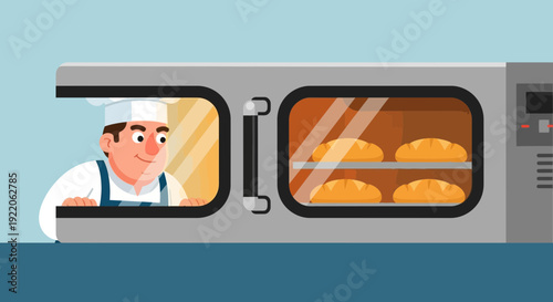 Friendly baker peering into an oven with fresh bread baking