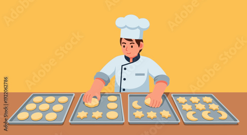 A cheerful chef in a white uniform places freshly cut cookies onto baking trays.