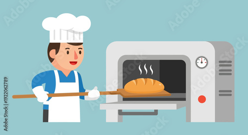 Smiling baker using a peel to place a fresh loaf of bread into a hot oven