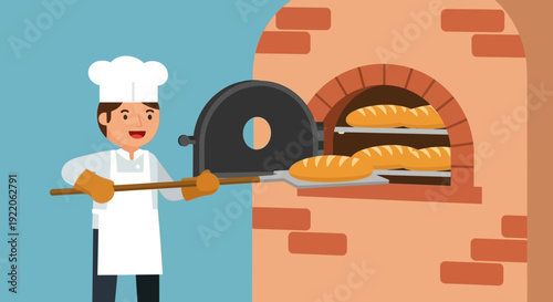 Smiling Baker Uses Peel To Remove Freshly Baked Bread From Brick Oven