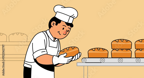 Happy baker holding fresh bread near conveyor belt in bakery setting