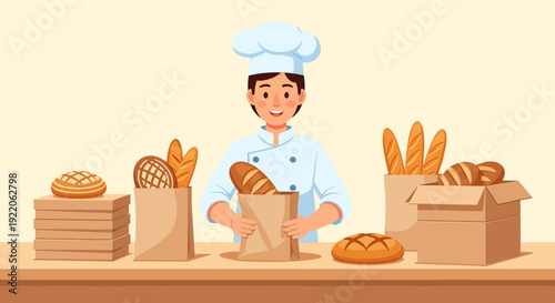 Smiling Baker Holding a Paper Bag Full of Freshly Baked Bread in a Bakery Setting